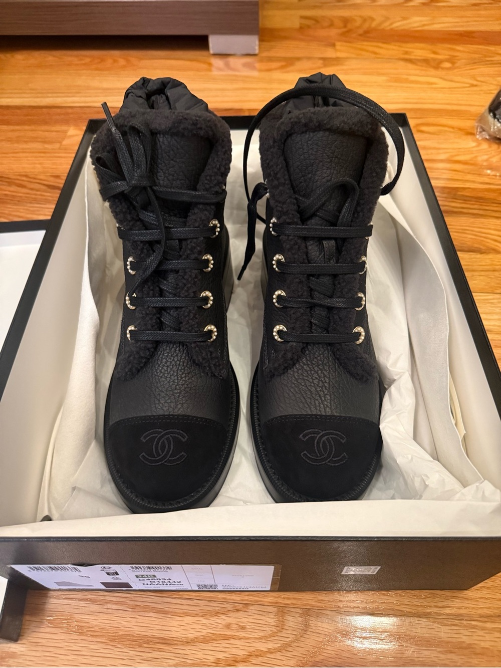 CHANEL Black Lace-Up Shearling Trim LeatherCombat  Boots